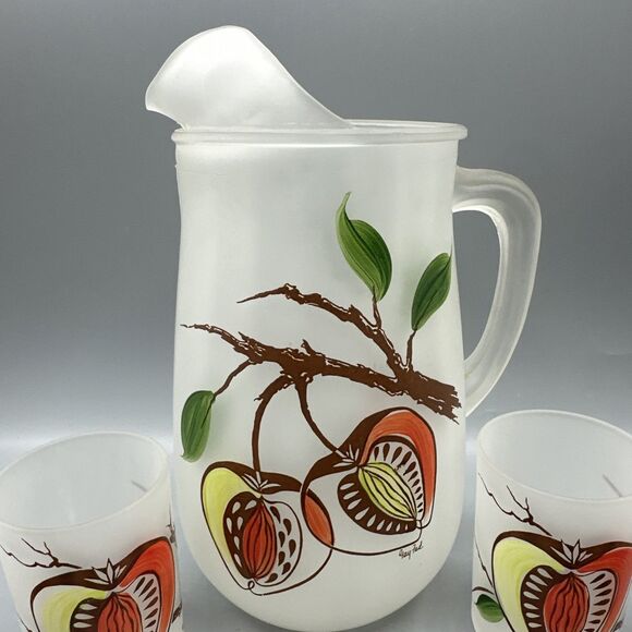Vintage Gay Fad Hazel Atlas Frosted Pitcher Glass Set Stone Fruit Hand-Painted - Picture 3 of 11